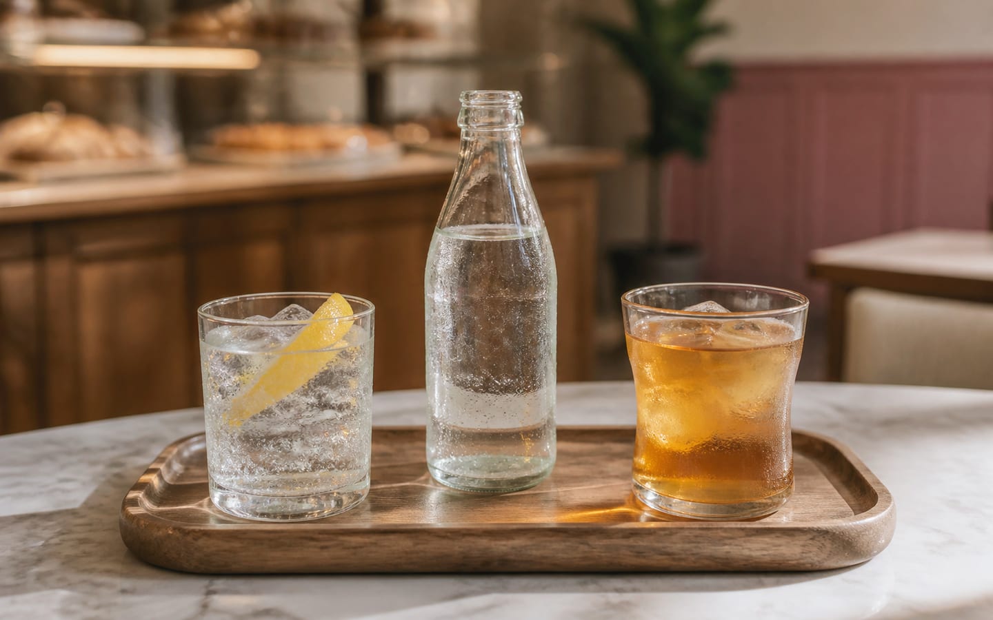 Agua con limón y bebidas frías servidas en una bandeja de cafetería