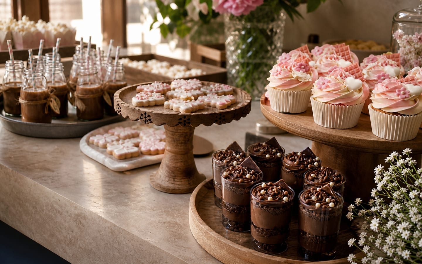 Mesa dulce artesanal con cupcakes rosas, galletas y vasitos de chocolate