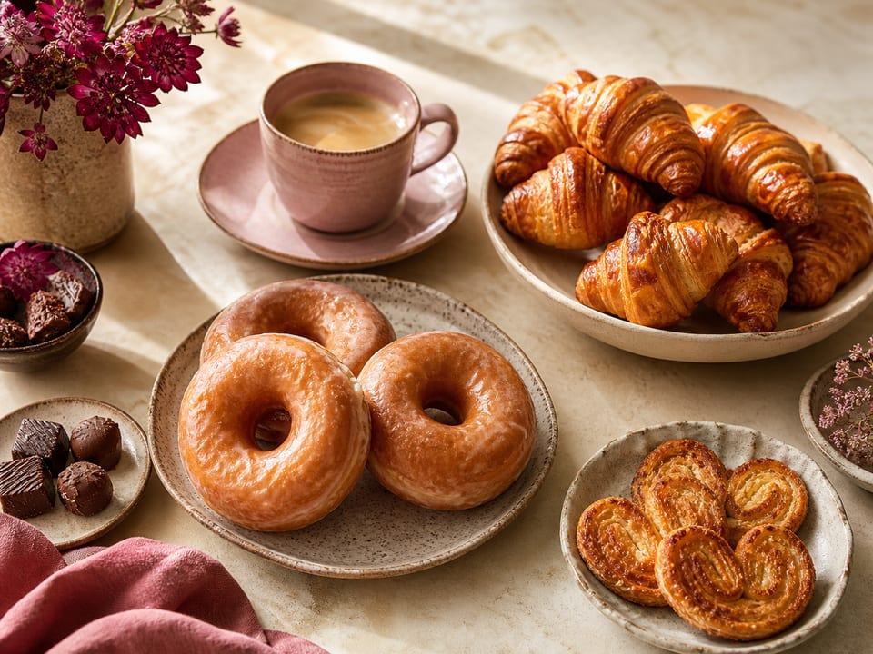 Desayuno dulce con donuts, croissants, palmeritas, chocolates y café