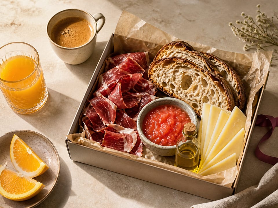 Desayuno ibérico con jamón, pan, tomate, queso, café y zumo