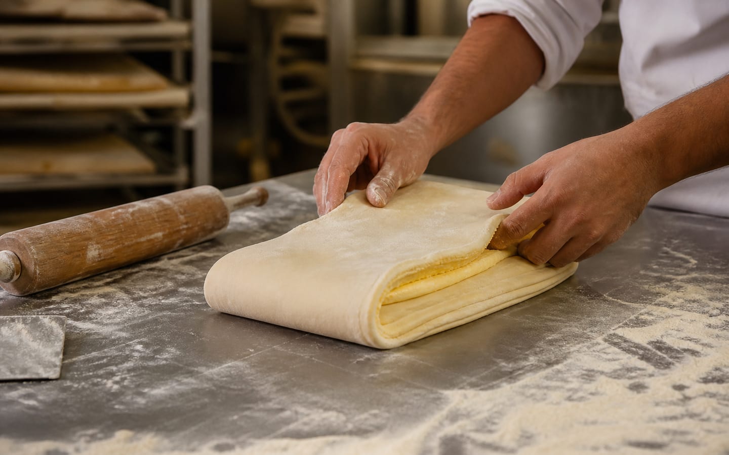 Pastelero laminando hojaldre a mano sobre la mesa del obrador